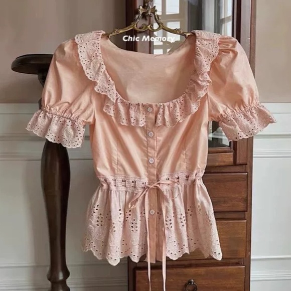 Japanese Kawaii Cottage Ballet Peach Pink Peplum Summer Lace Ribbon Blouse Top